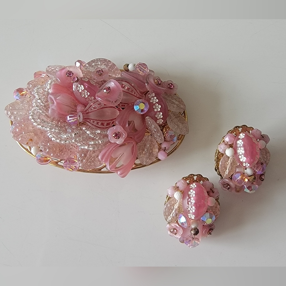 Pink tourmaline vintage brooch and earrings set